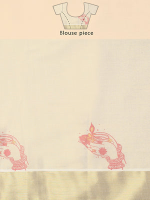 Golden Tissue Set Saree with Red Printed Hand Motifs and Kathak Dancer On Red Pallu