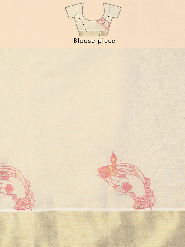 Golden Tissue Set Saree with Red Printed Hand Motifs and Kathak Dancer On Red Pallu