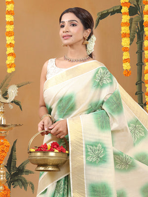 Golden Tissue Saree with Green Leaf Buttas, Tassels & Kasavu Border
