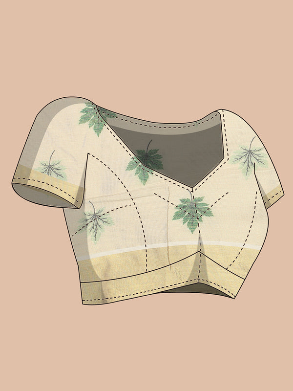 Golden Tissue Saree with Green Leaf Buttas, Tassels & Kasavu Border