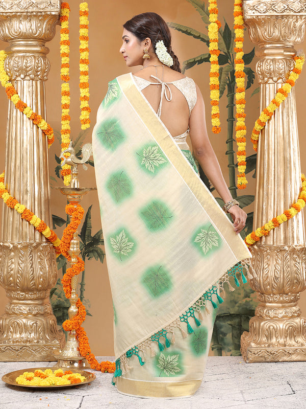 Golden Tissue Saree with Green Leaf Buttas, Tassels & Kasavu Border
