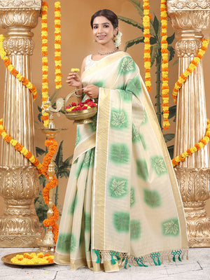 Golden Tissue Saree with Green Leaf Buttas, Tassels & Kasavu Border