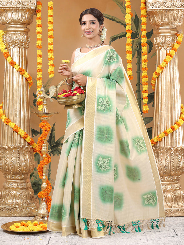 Golden Tissue Saree with Green Leaf Buttas, Tassels & Kasavu Border
