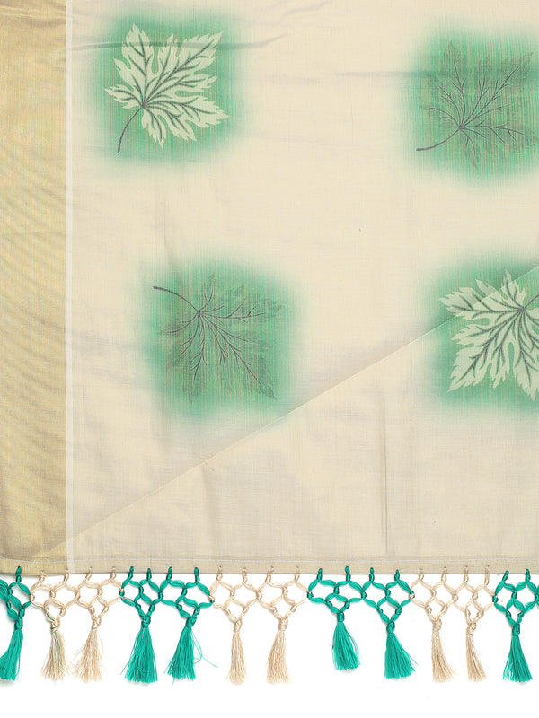 Golden Tissue Saree with Green Leaf Buttas, Tassels & Kasavu Border