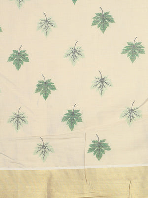 Golden Tissue Saree with Green Leaf Buttas, Tassels & Kasavu Border