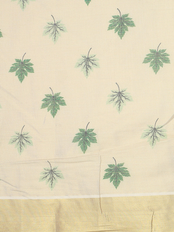 Golden Tissue Saree with Green Leaf Buttas, Tassels & Kasavu Border