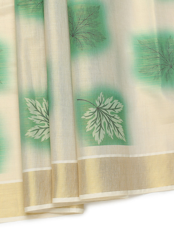 Golden Tissue Saree with Green Leaf Buttas, Tassels & Kasavu Border