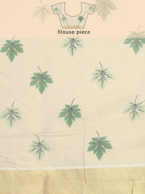 Golden Tissue Saree with Green Leaf Buttas, Tassels & Kasavu Border