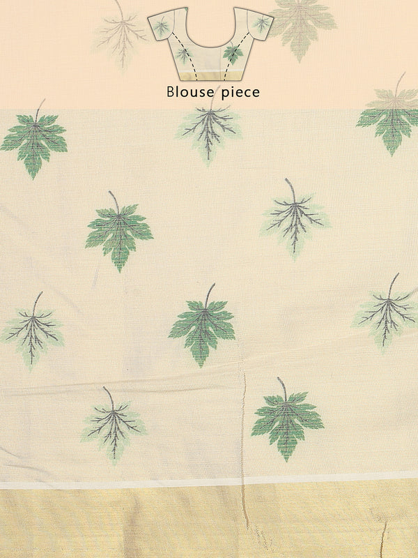Golden Tissue Saree with Green Leaf Buttas, Tassels & Kasavu Border