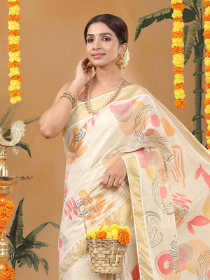 Golden Tissue Set Saree with Abstract Print With Golden Kasavu Border & Red-Yellow Tassels