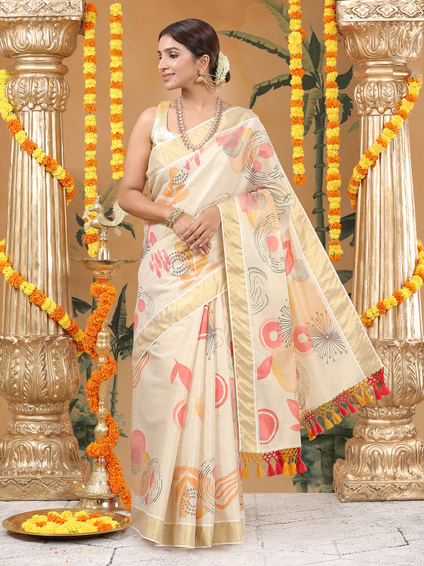 Golden Tissue Set Saree with Abstract Print With Golden Kasavu Border & Red-Yellow Tassels