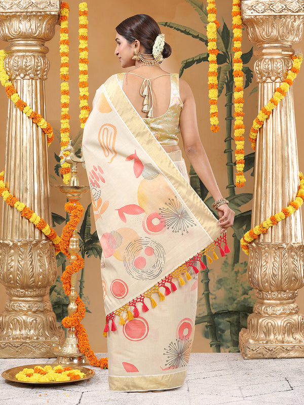 Golden Tissue Set Saree with Abstract Print With Golden Kasavu Border & Red-Yellow Tassels