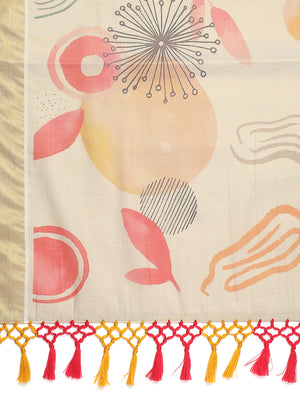 Golden Tissue Set Saree with Abstract Print With Golden Kasavu Border & Red-Yellow Tassels