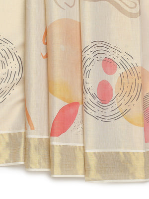 Golden Tissue Set Saree with Abstract Print With Golden Kasavu Border & Red-Yellow Tassels