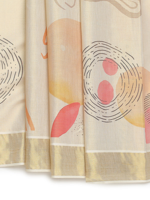 Golden Tissue Set Saree with Abstract Print With Golden Kasavu Border & Red-Yellow Tassels