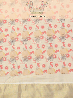 Golden Tissue Set Saree with Abstract Print With Golden Kasavu Border & Red-Yellow Tassels