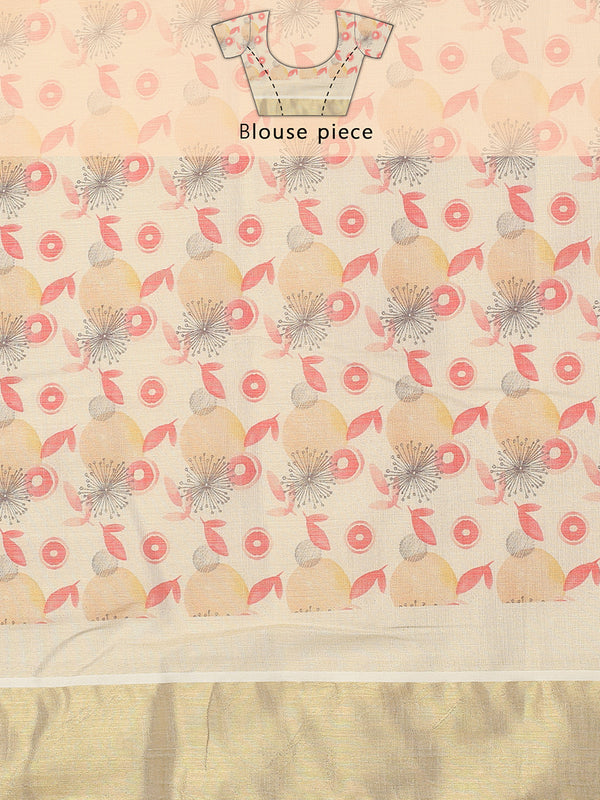 Golden Tissue Set Saree with Abstract Print With Golden Kasavu Border & Red-Yellow Tassels