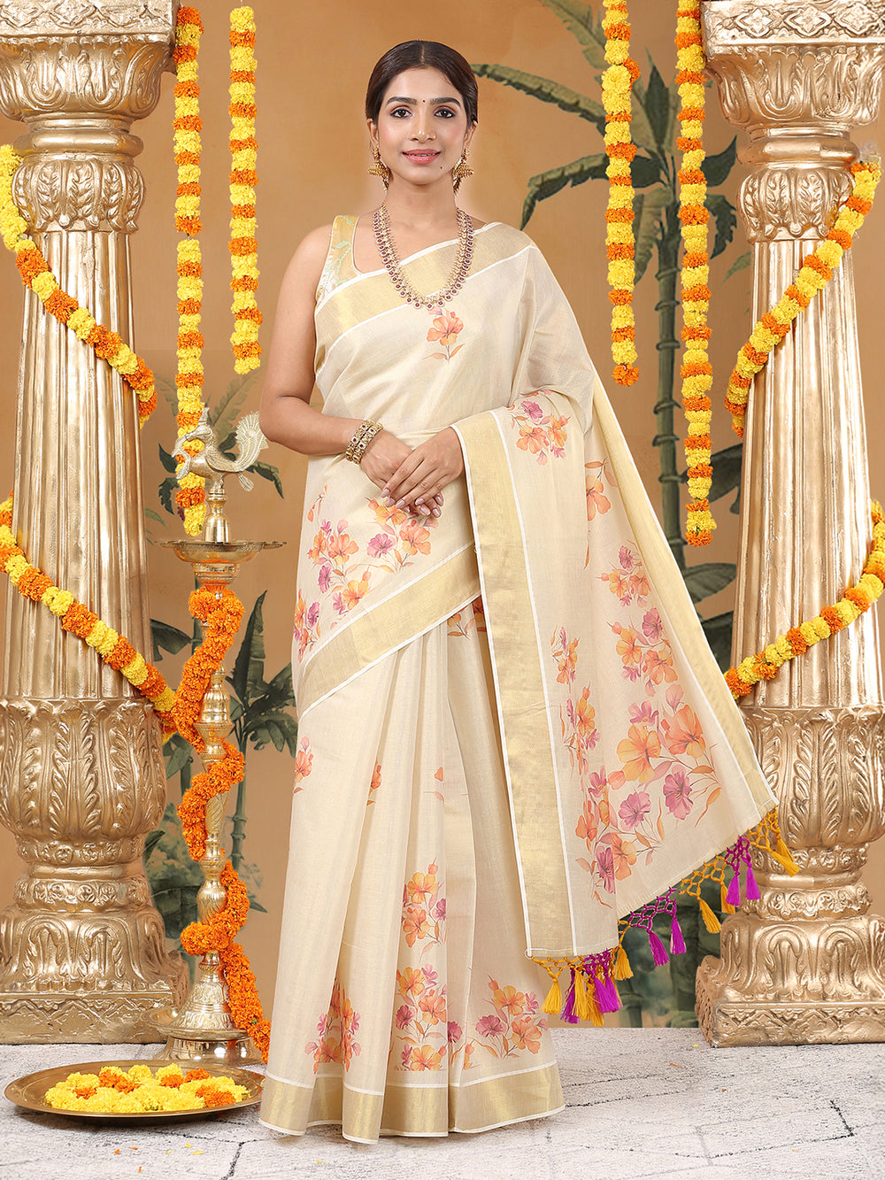 Golden Tissue Floral Printed Set Saree With Magenta-Mustard Tassels On Pallu
