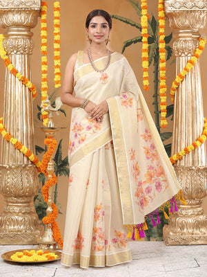 Golden Tissue Floral Printed Set Saree With Magenta-Mustard Tassels On Pallu