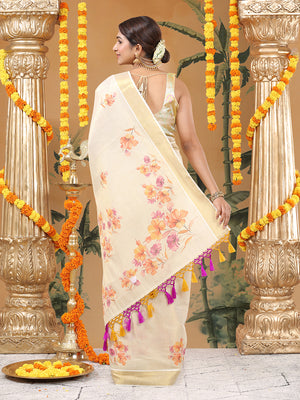 Golden Tissue Floral Printed Set Saree With Magenta-Mustard Tassels On Pallu