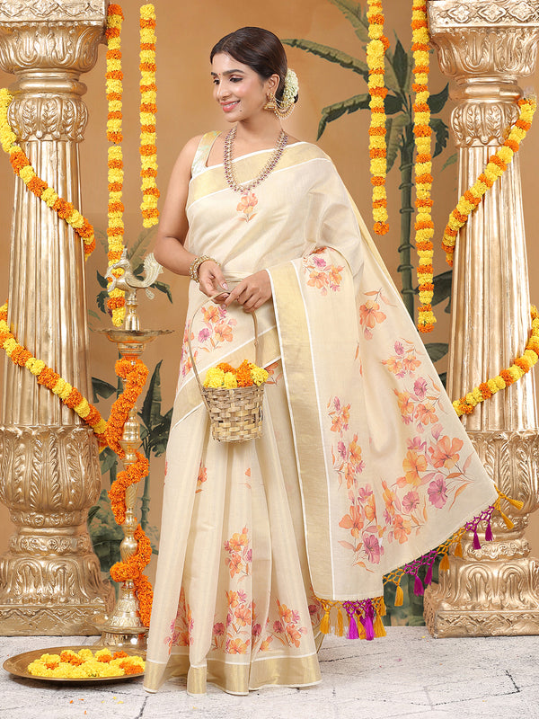 Golden Tissue Floral Printed Set Saree With Magenta-Mustard Tassels On Pallu