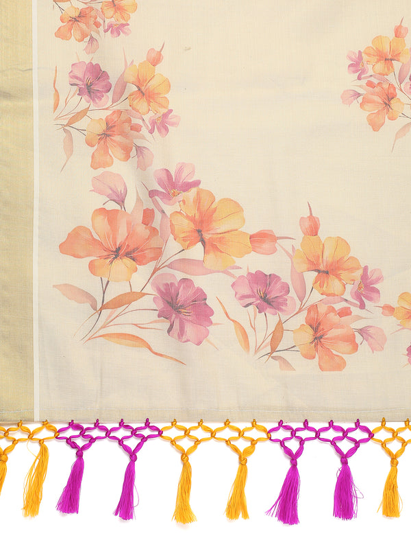 Golden Tissue Floral Printed Set Saree With Magenta-Mustard Tassels On Pallu