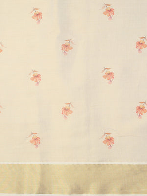 Golden Tissue Floral Printed Set Saree With Magenta-Mustard Tassels On Pallu