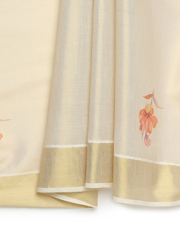 Golden Tissue Floral Printed Set Saree With Magenta-Mustard Tassels On Pallu