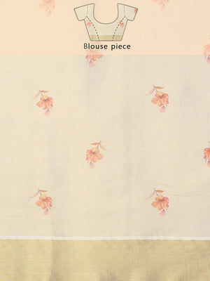 Golden Tissue Floral Printed Set Saree With Magenta-Mustard Tassels On Pallu