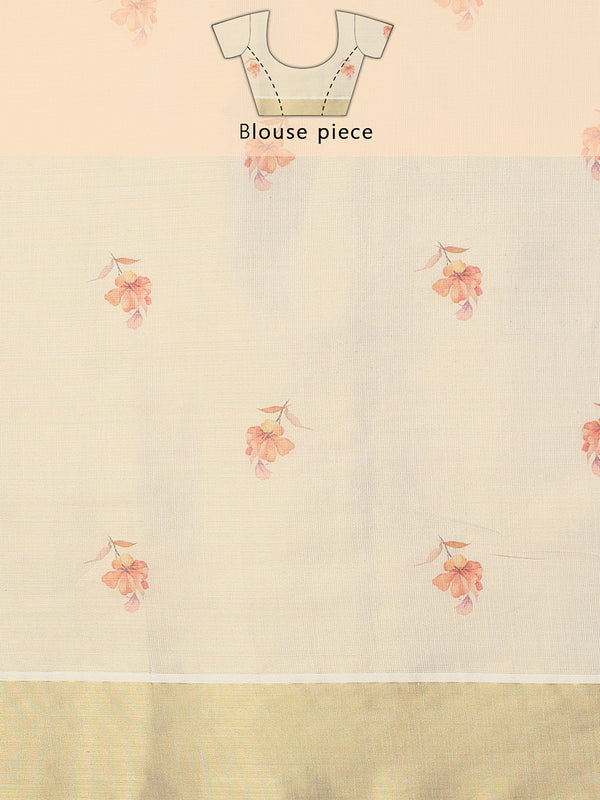 Golden Tissue Floral Printed Set Saree With Magenta-Mustard Tassels On Pallu