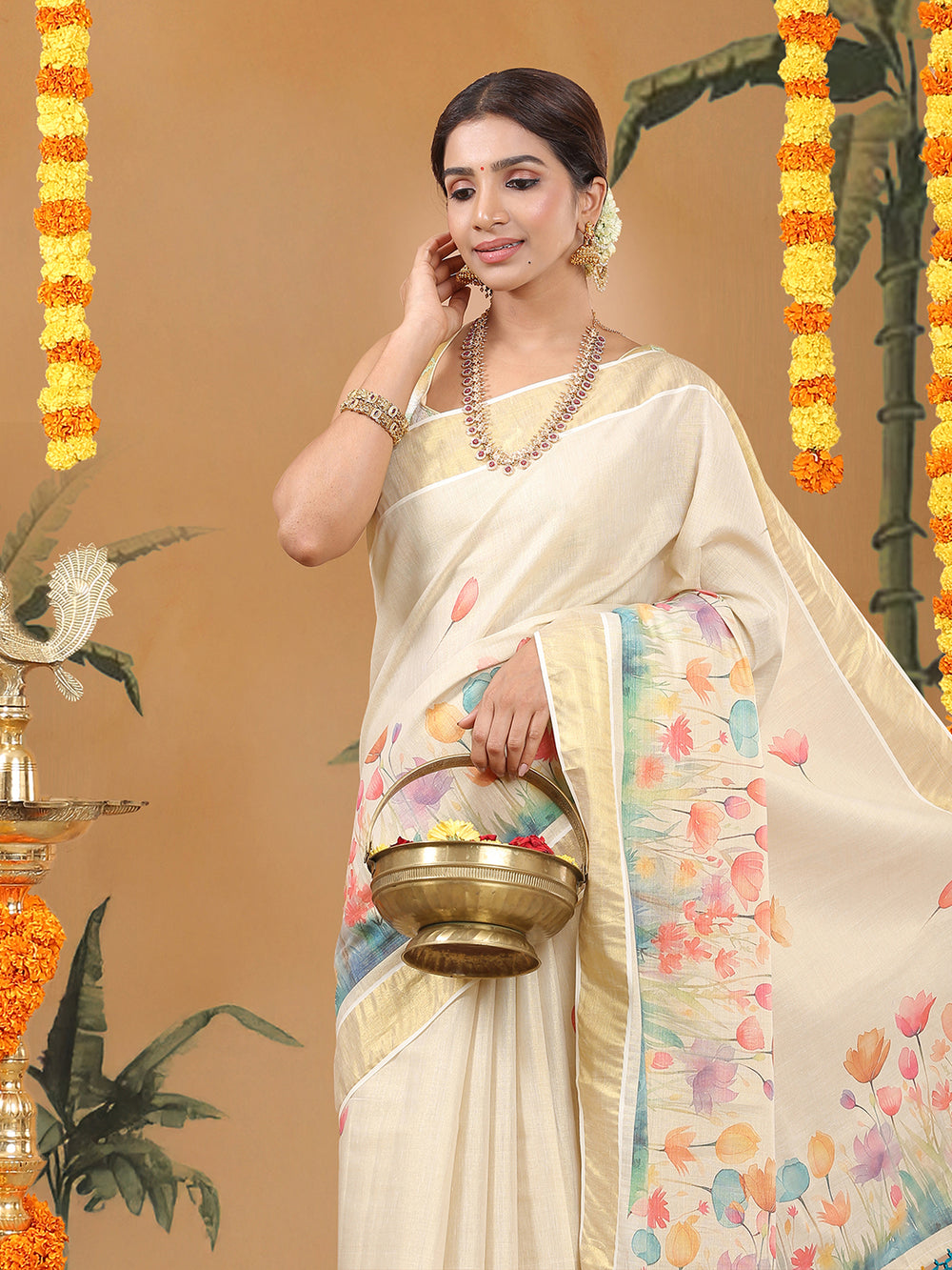 Golden Tissue Saree with Multicolor Floral Buttas & Orange-Green Tassels