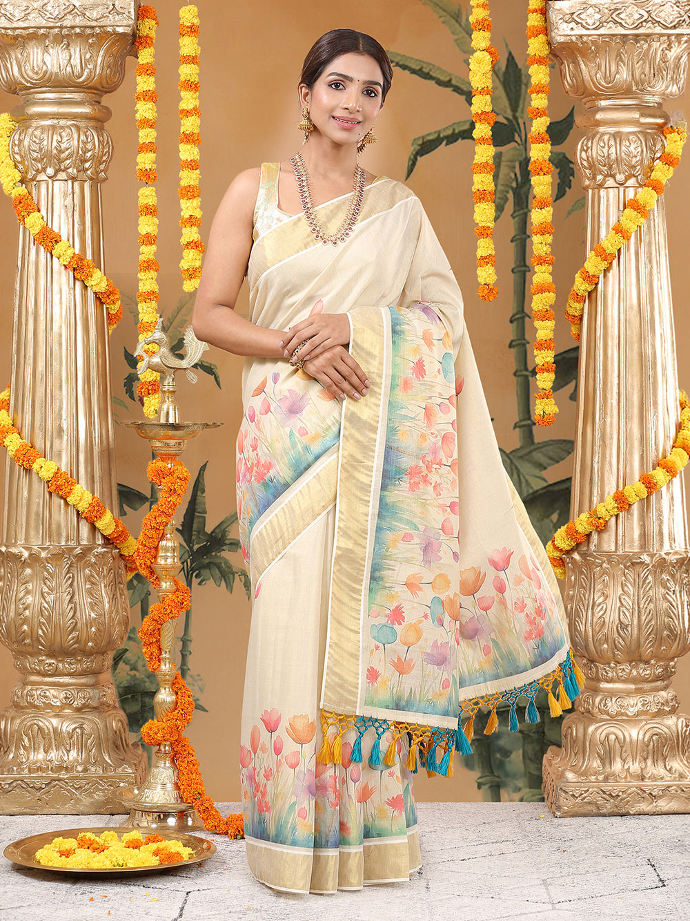 Golden Tissue Saree with Multicolor Floral Buttas & Orange-Green Tassels