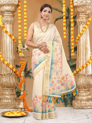 Golden Tissue Saree with Multicolor Floral Buttas & Orange-Green Tassels