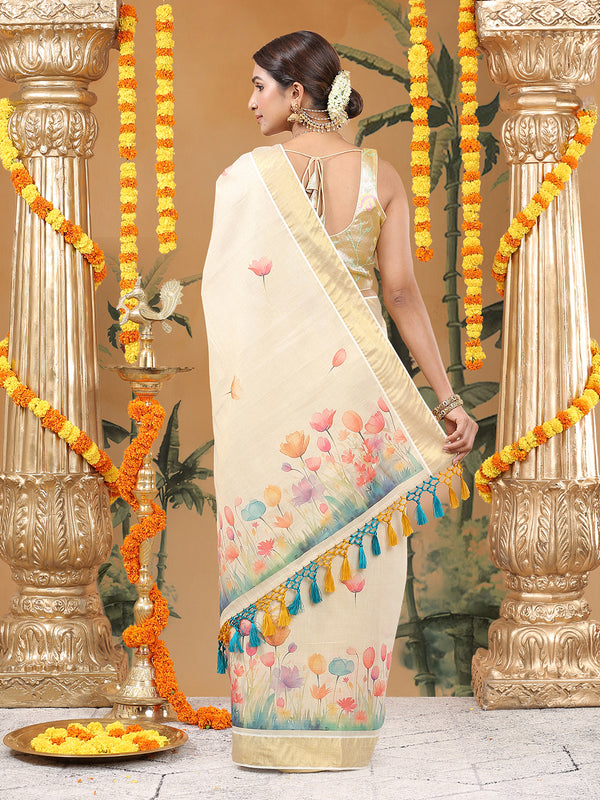 Golden Tissue Saree with Multicolor Floral Buttas & Orange-Green Tassels