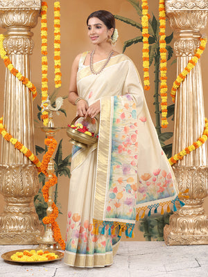 Golden Tissue Saree with Multicolor Floral Buttas & Orange-Green Tassels