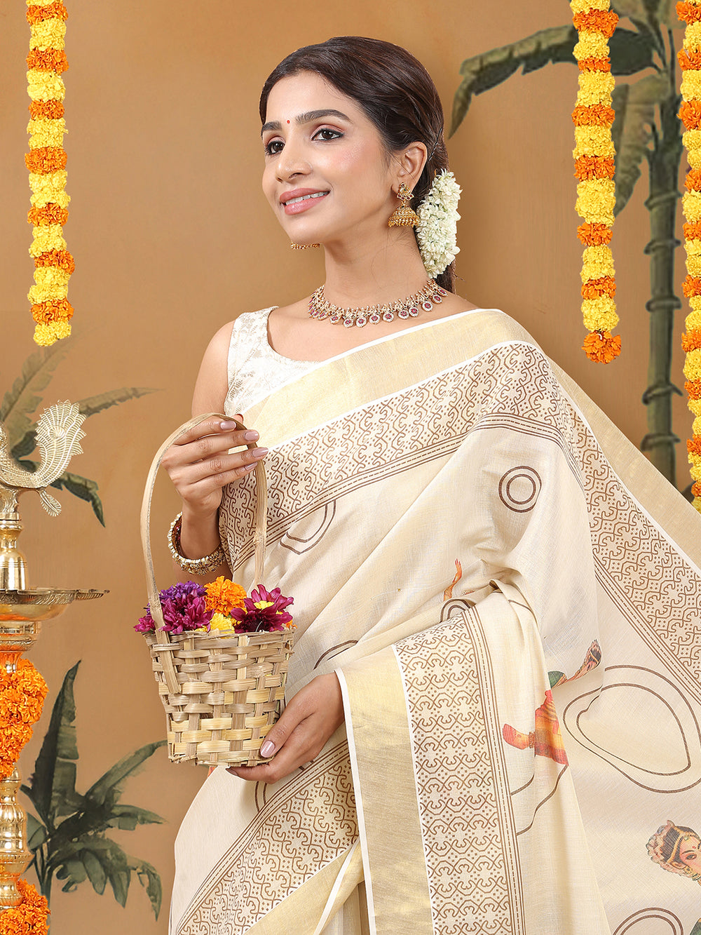 Golden Tissue Saree with Classical Dancer Print & Geometric Pallu Design