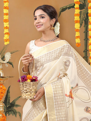 Golden Tissue Saree with Classical Dancer Print & Geometric Pallu Design