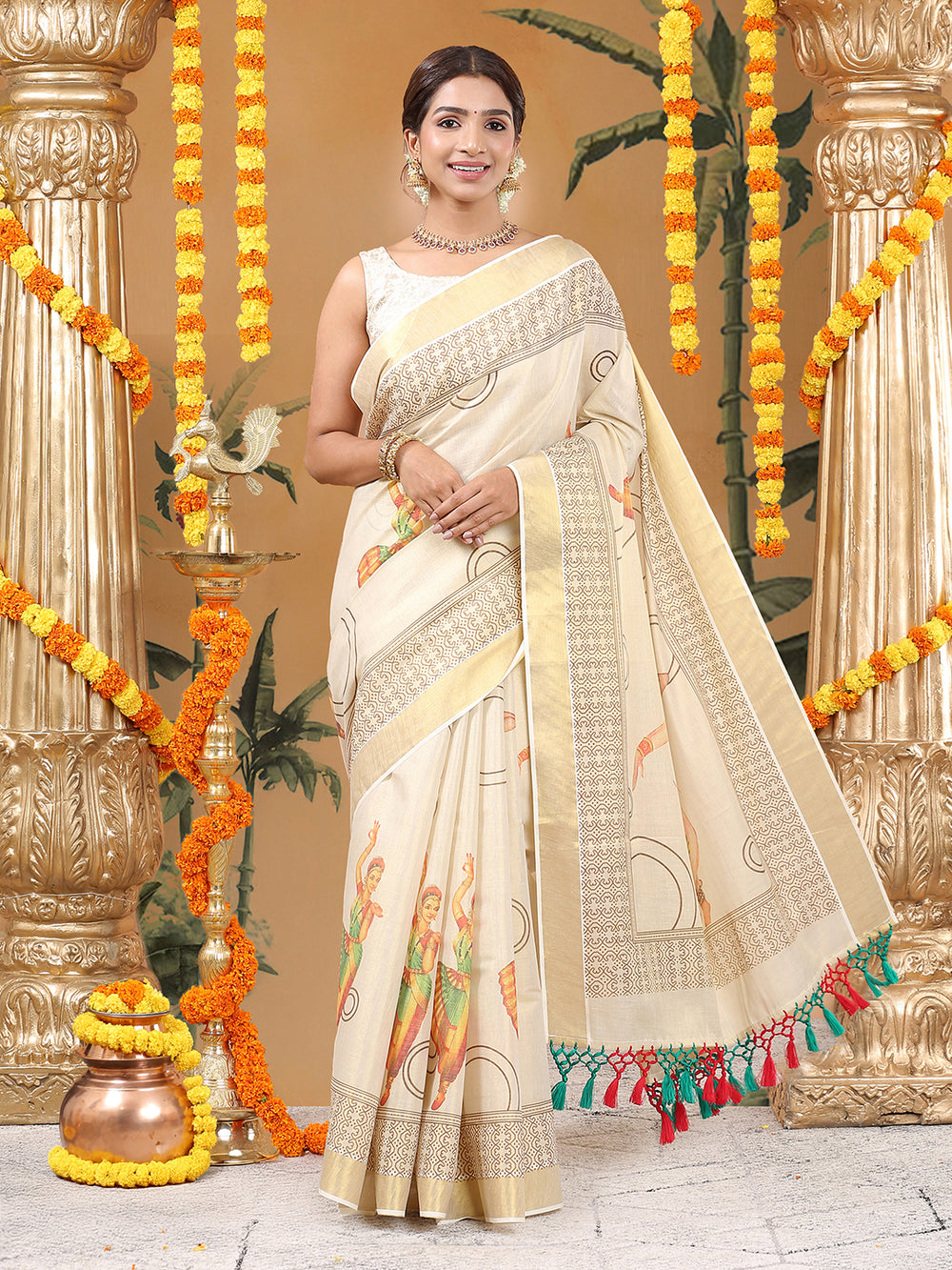 Golden Tissue Saree with Classical Dancer Print & Geometric Pallu Design
