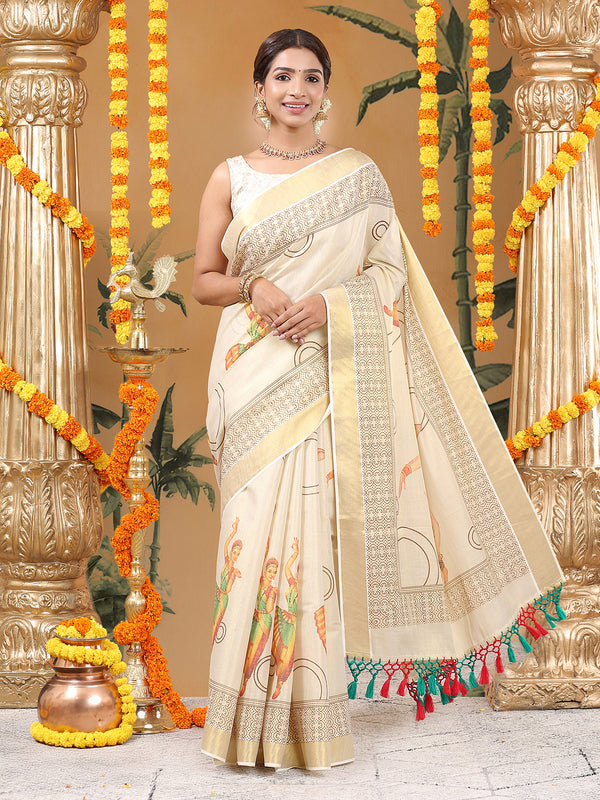Golden Tissue Saree with Classical Dancer Print & Geometric Pallu Design
