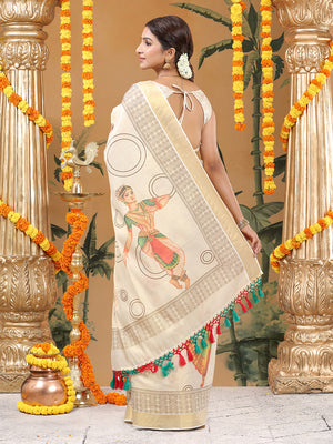 Golden Tissue Saree with Classical Dancer Print & Geometric Pallu Design
