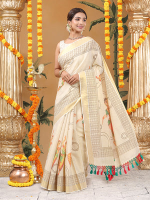 Golden Tissue Saree with Classical Dancer Print & Geometric Pallu Design
