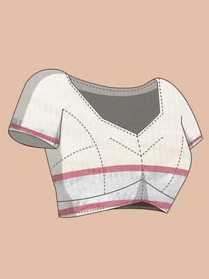 Off-White Silver Striped Set Saree with Silver-Golden Buttas and Red-Edged Kasavu Border