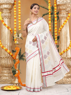 Off-White Silver Striped Set Saree with Silver-Golden Buttas and Red-Edged Kasavu Border