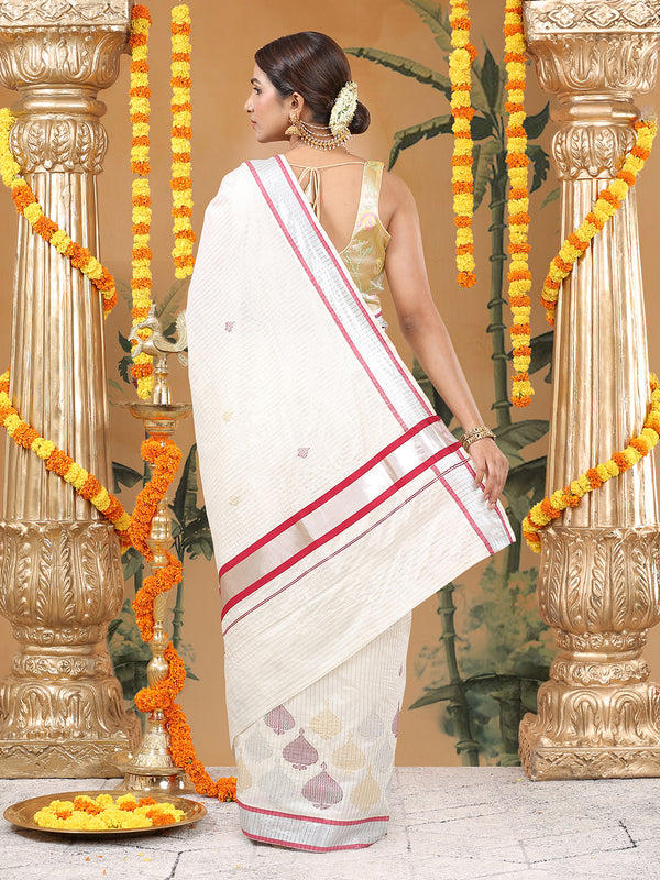 Off-White Silver Striped Set Saree with Silver-Golden Buttas and Red-Edged Kasavu Border
