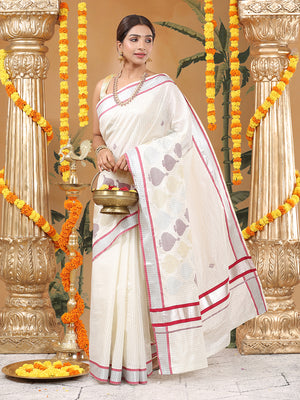 Off-White Silver Striped Set Saree with Silver-Golden Buttas and Red-Edged Kasavu Border