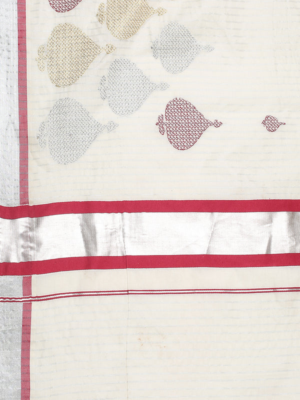 Off-White Silver Striped Set Saree with Silver-Golden Buttas and Red-Edged Kasavu Border