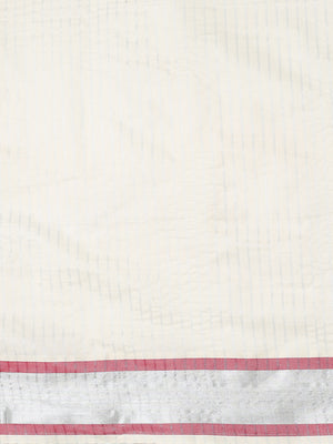 Off-White Silver Striped Set Saree with Silver-Golden Buttas and Red-Edged Kasavu Border