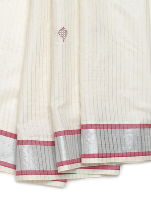 Off-White Silver Striped Set Saree with Silver-Golden Buttas and Red-Edged Kasavu Border