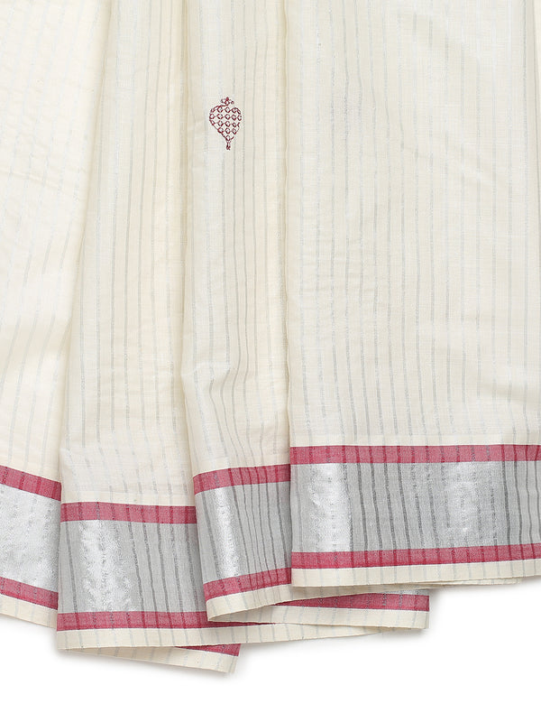 Off-White Silver Striped Set Saree with Silver-Golden Buttas and Red-Edged Kasavu Border
