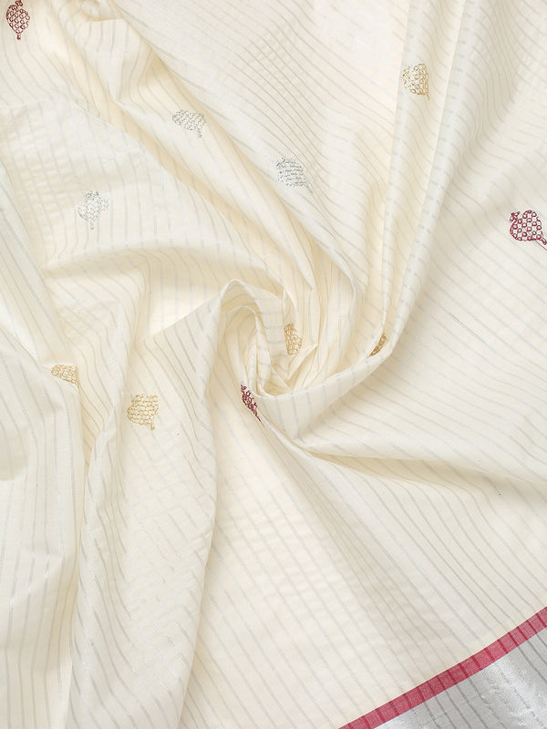 Off-White Silver Striped Set Saree with Silver-Golden Buttas and Red-Edged Kasavu Border